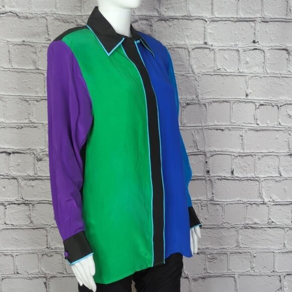 Bob Mackie Silk Color Block Button Down Top, Women's Small - Picture 3 of 9